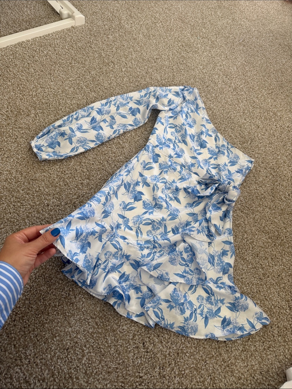 GB girls White and Blue Floral One-Shoulder Ruffle Dress